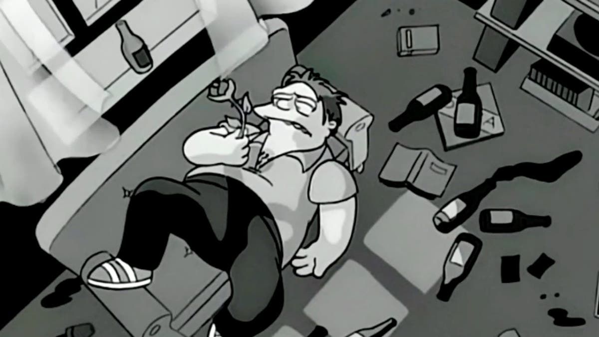 Barney Gumble in black and white holding a rose as he lays on the couch in his black and white film in The Simpsons