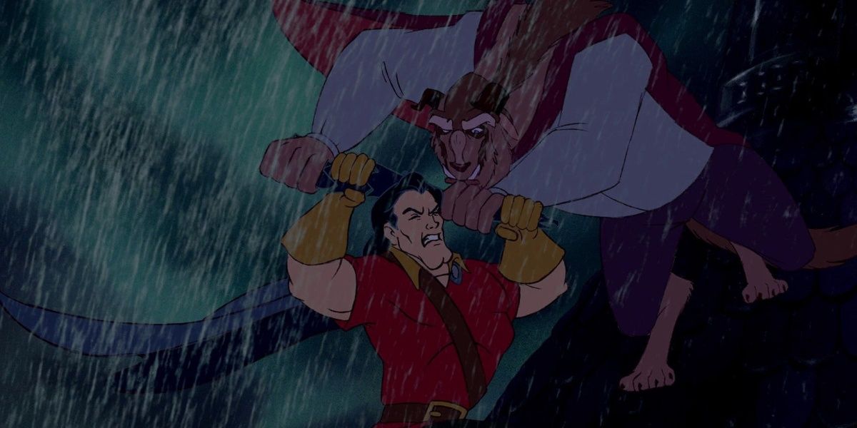 The Beast fights with Gaston in Beauty and the Beast
