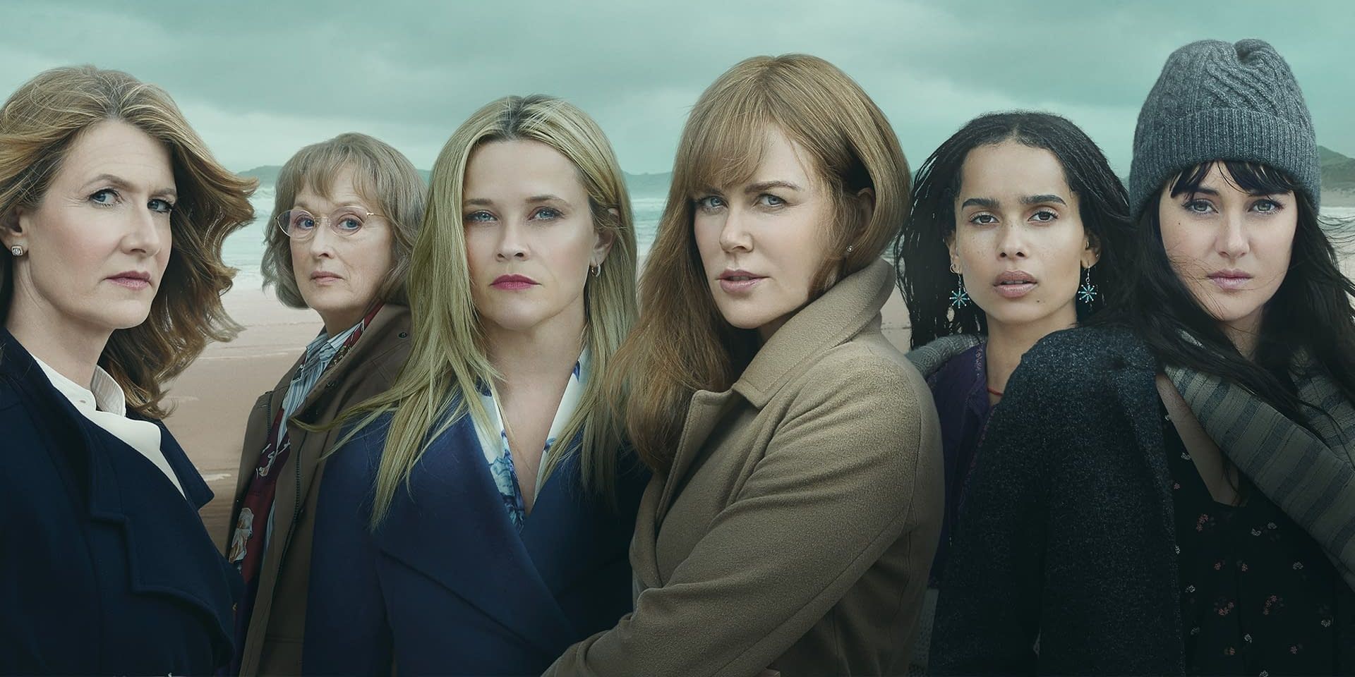 image of the cast of Big Little Lies including Nicole Kidman, Shailene Woodley, Reese Witherspoon