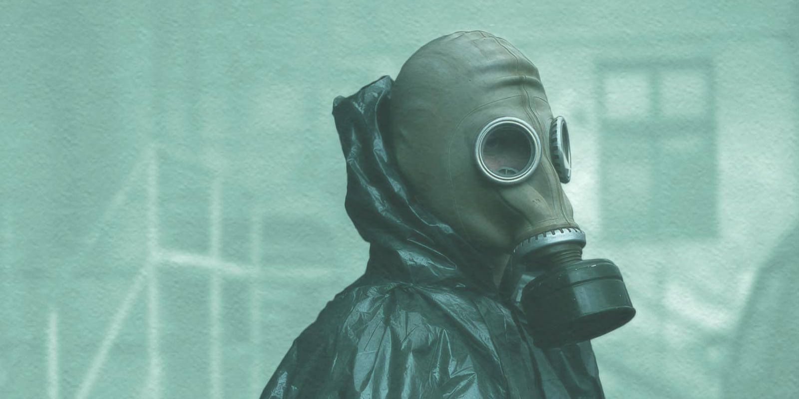 A person in a gas mask in Chornobyl