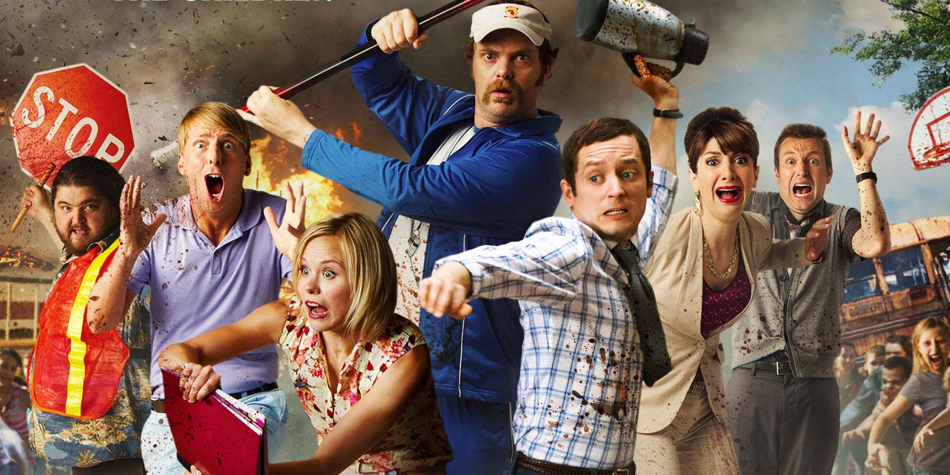 The cast of Cooties screaming and brandishing weapons on the poster