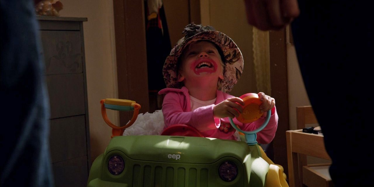 A toddler Debbie kidnapped plays in a toy Jeep in Shameless