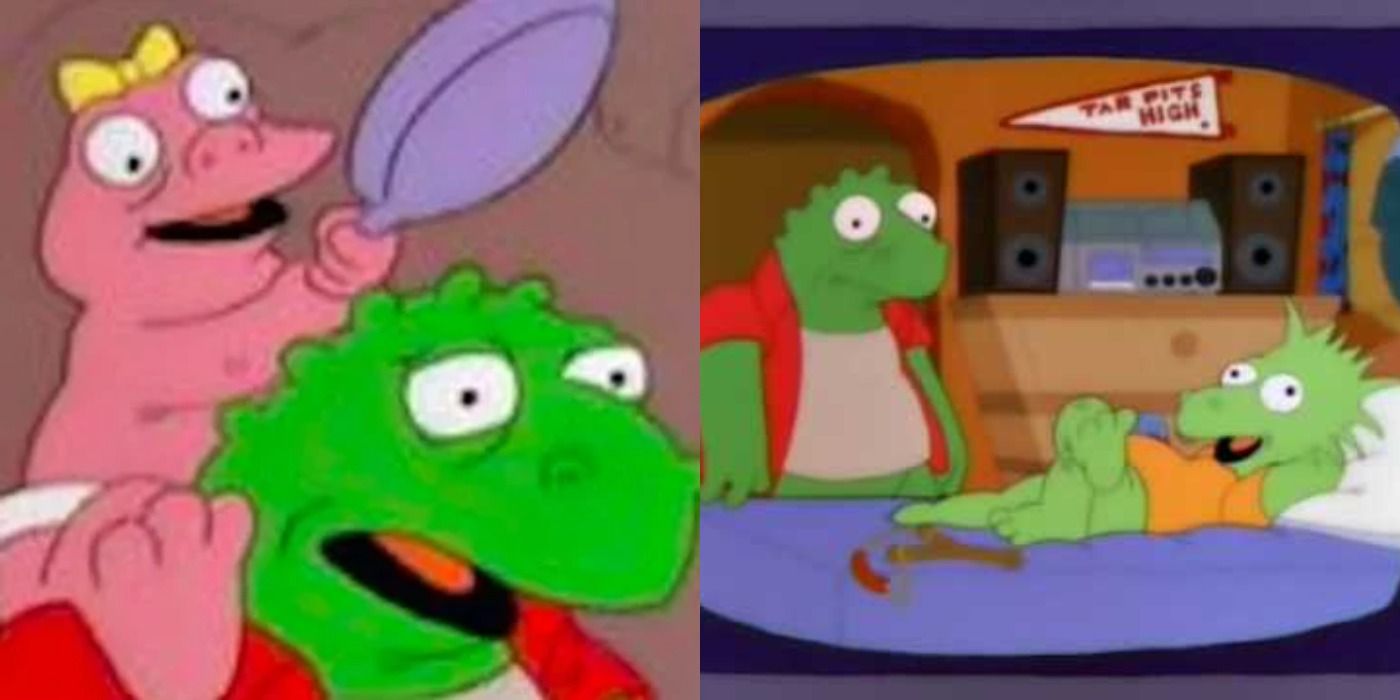 Split image of the Dinosaurs parody in The Simpsons.