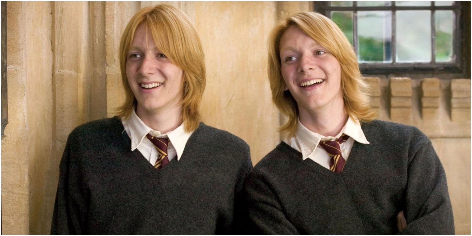Fred and George Weasley laughing at Yule Ball practice in Harry Potter