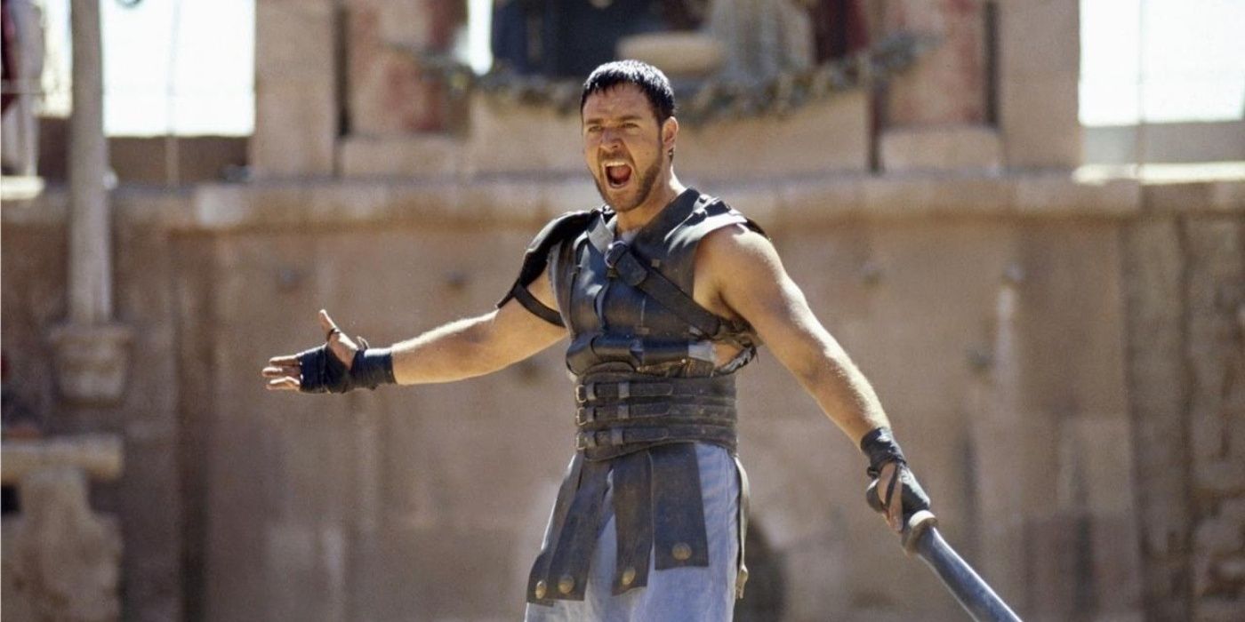 Russell Crowe as Maximus screaming in Gladiator 2000