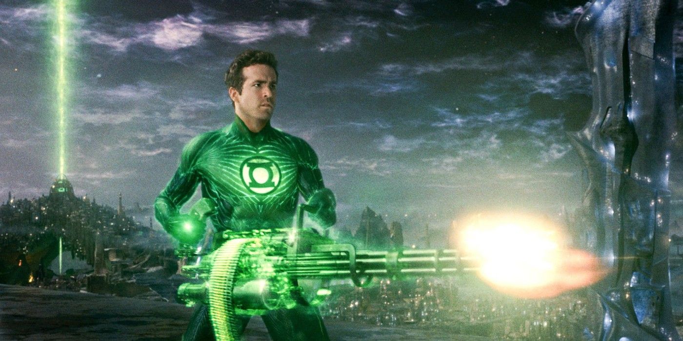 Ryan Reynolds using a gatling gun in Green Lantern.