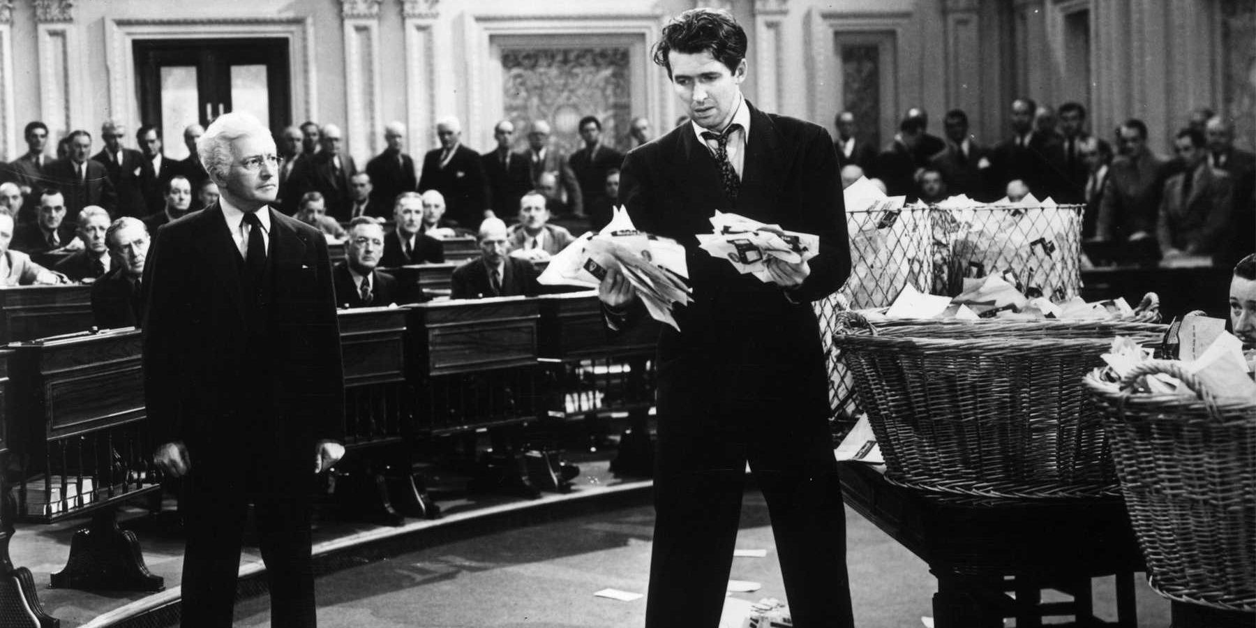 Jimmy Stewart holding papers in the Senate in Mr Smith Goes To Washington 