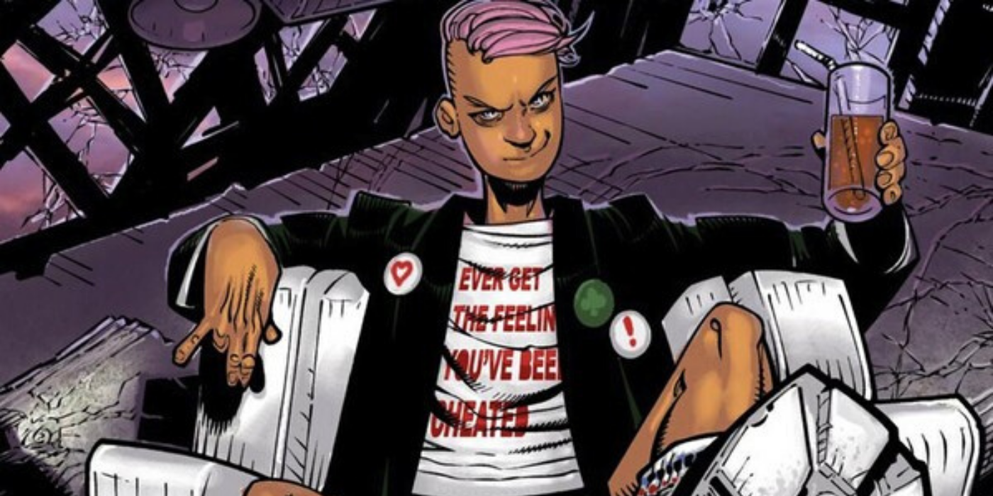 Kid Omega sits on a chair with a drink in a Marvel comic.