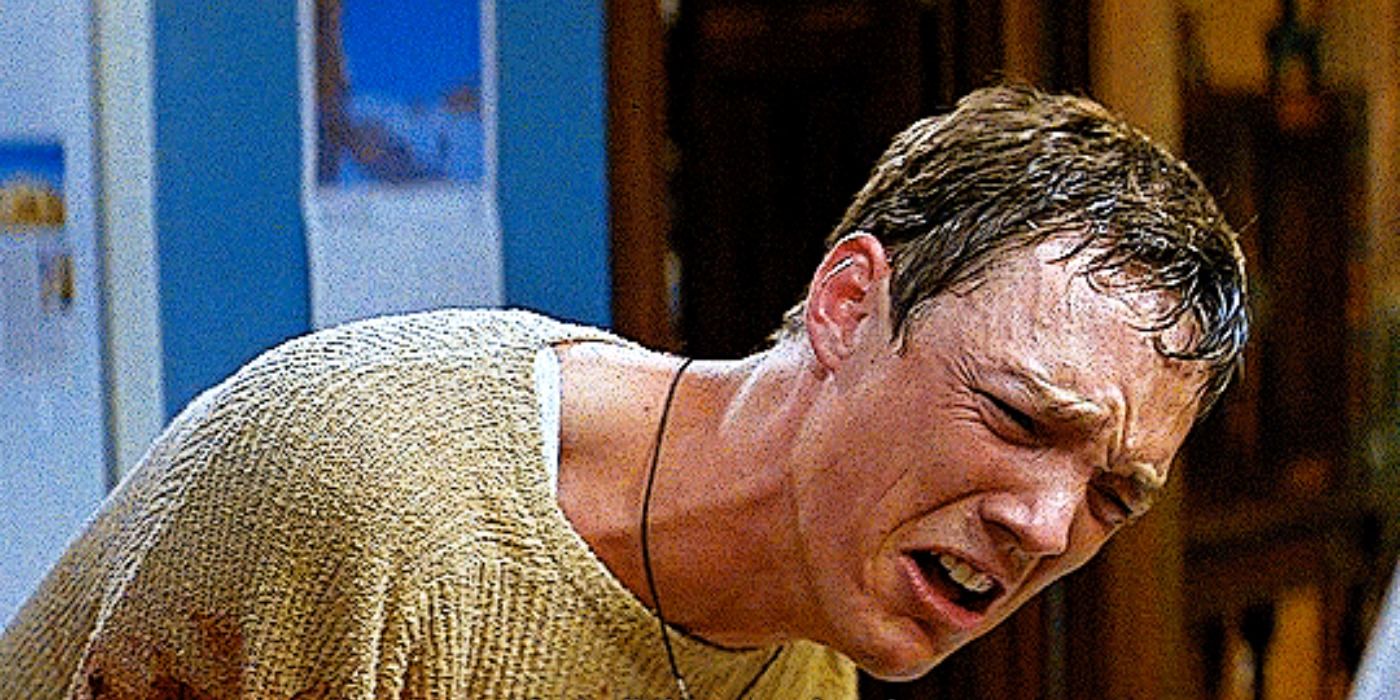 Matthew Lillard sweating in the kitchen in Scream.