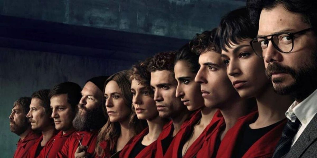 The cast of the show Money Heist lined up facing the left in a promotional poster