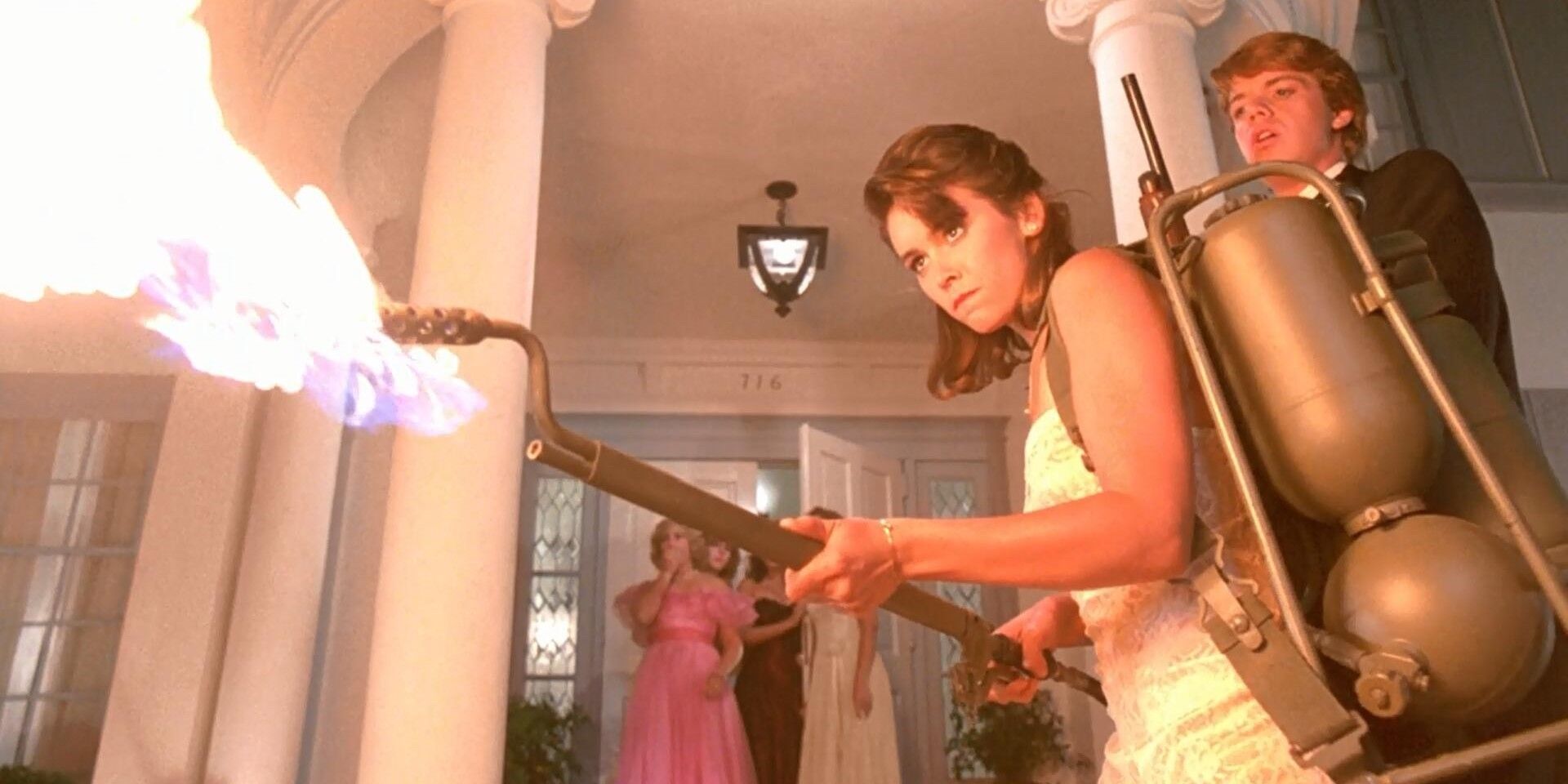 Young woman with a flamethrower in Night of the Creeps