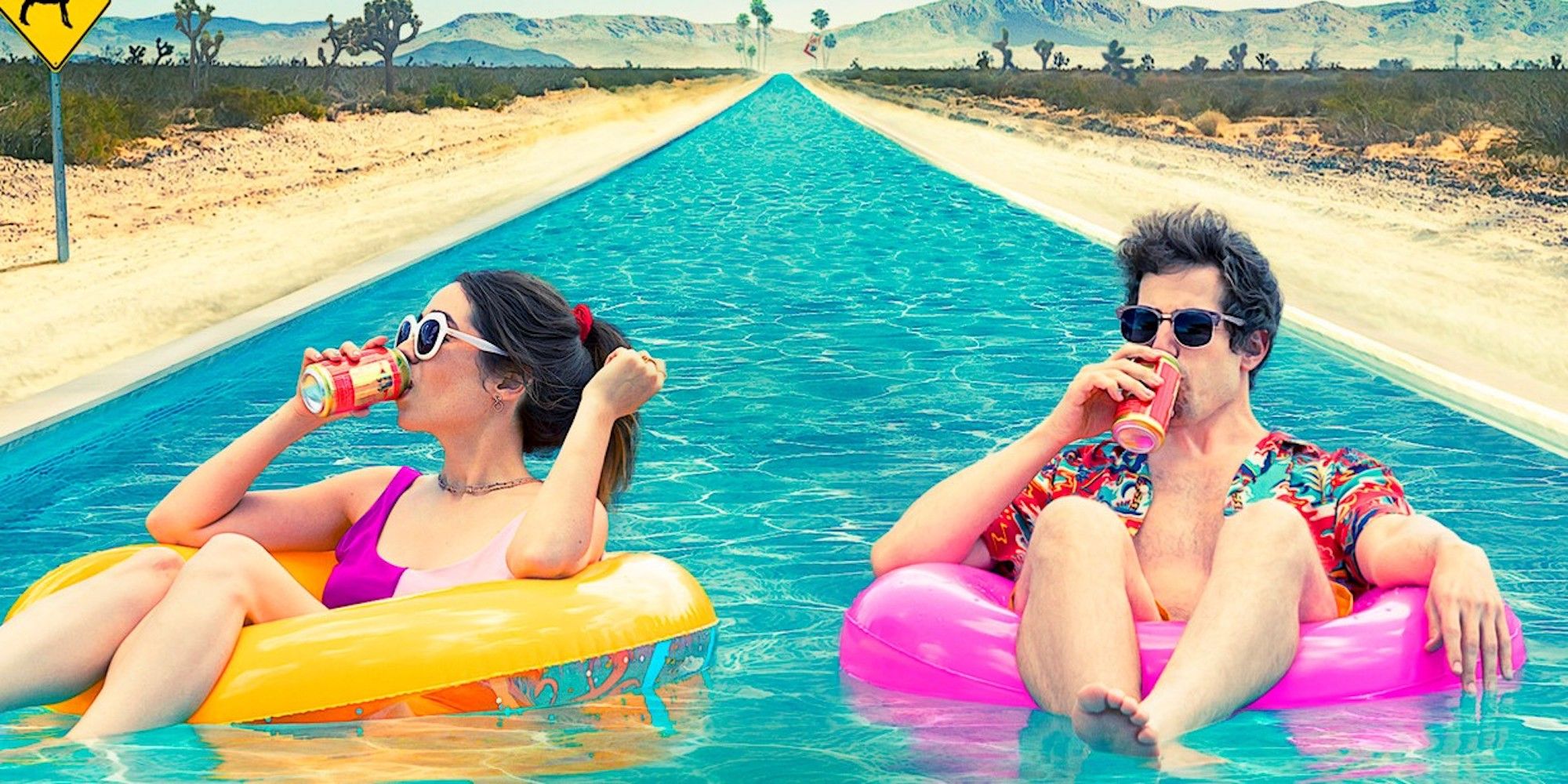 Sarah and Nyles drink beer in the pool in Palm Springs
