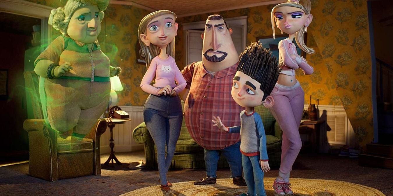A family waving to a ghost in ParaNorman.