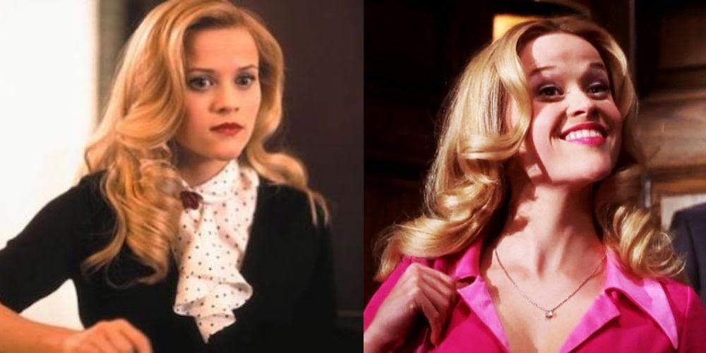 A split image depicts Elle in two of her Legally blonde outfits, one in black and white and another in bright pink