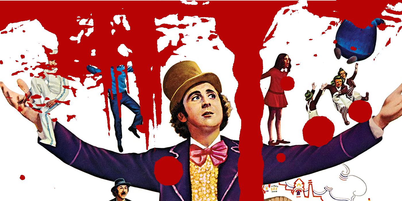 Willy Wonka and the Chocolate Factory with dripping blood.