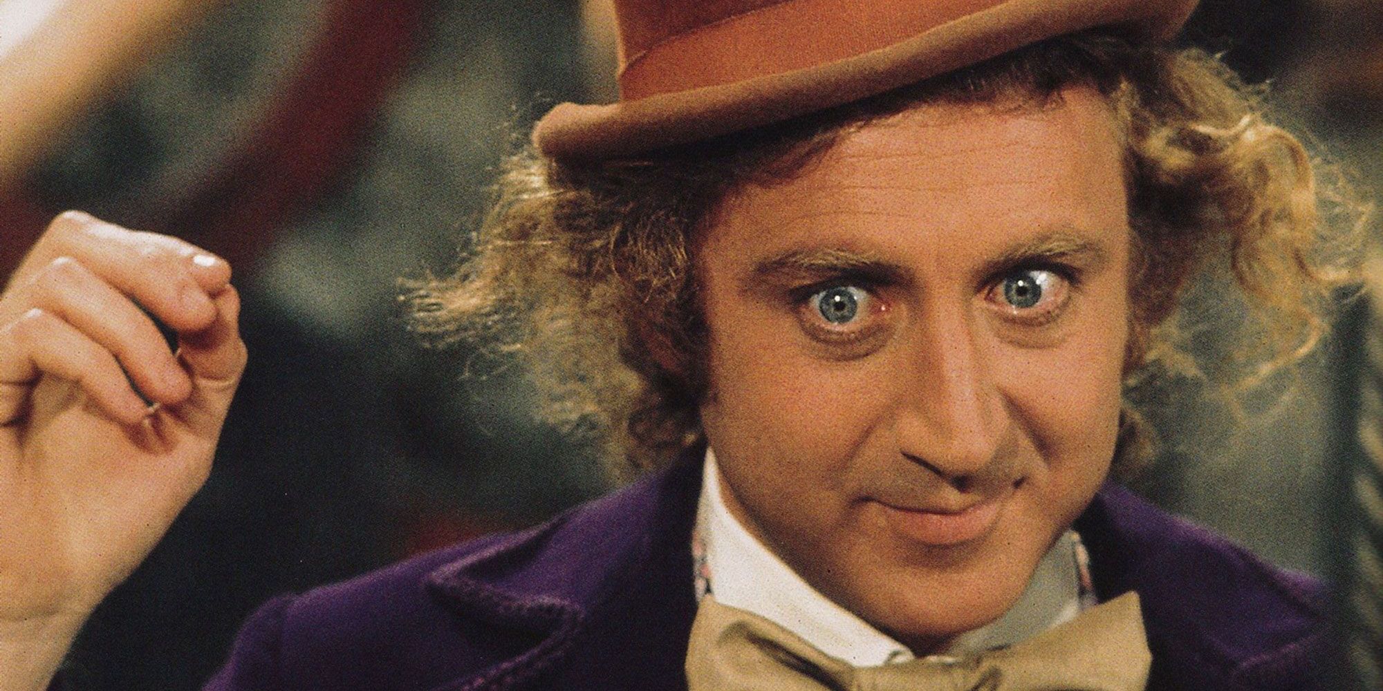 Willy Wonka with a creepy wide-eyed look in Willy Wonka and the Chocolate Factory