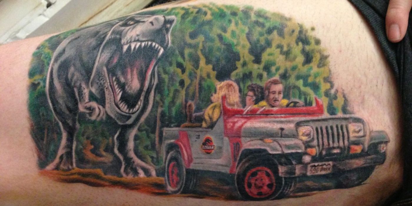 jurassic park t-rex jeep tattoo