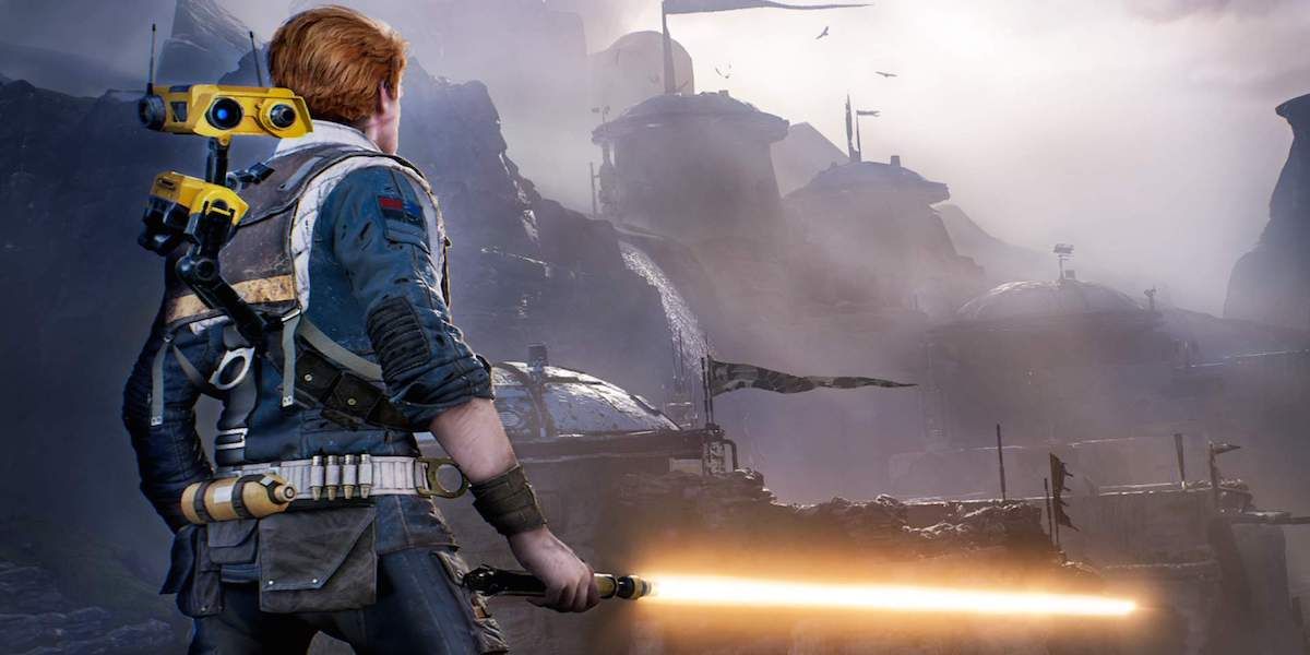 Cal &amp; BD-1 survey an outpost while he wields a yellow lightsaber in Star Wars: Jedi Fallen Order