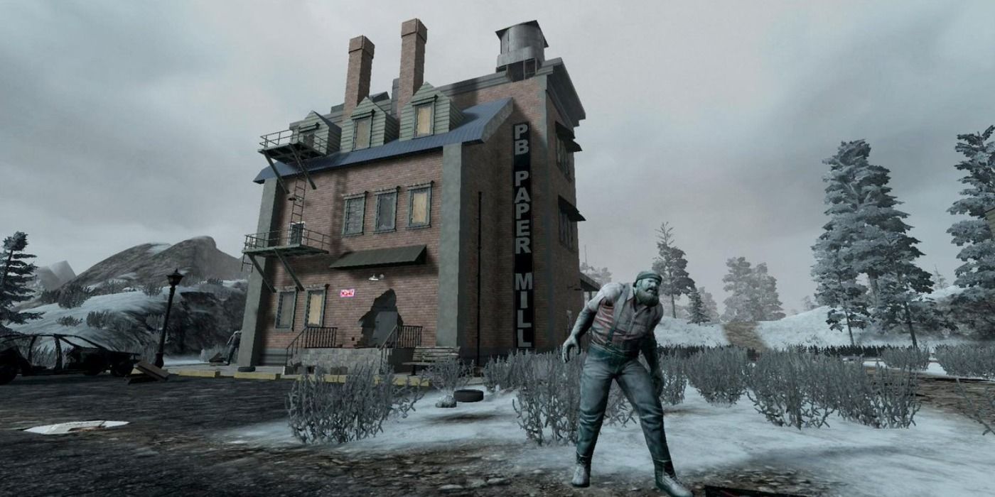 7 Days to Die Paper Mill building with Zombie in foreground