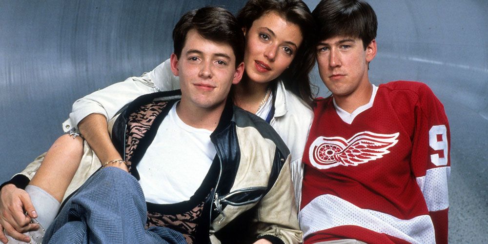 Ferris, Cameron and Sloane posing together in Ferris Bueller's Day Off