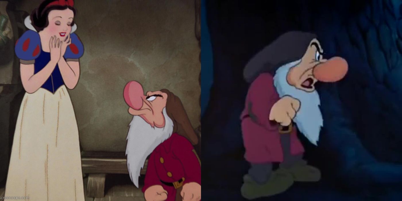 A split image of Grumpy meeting Snow White and complaining