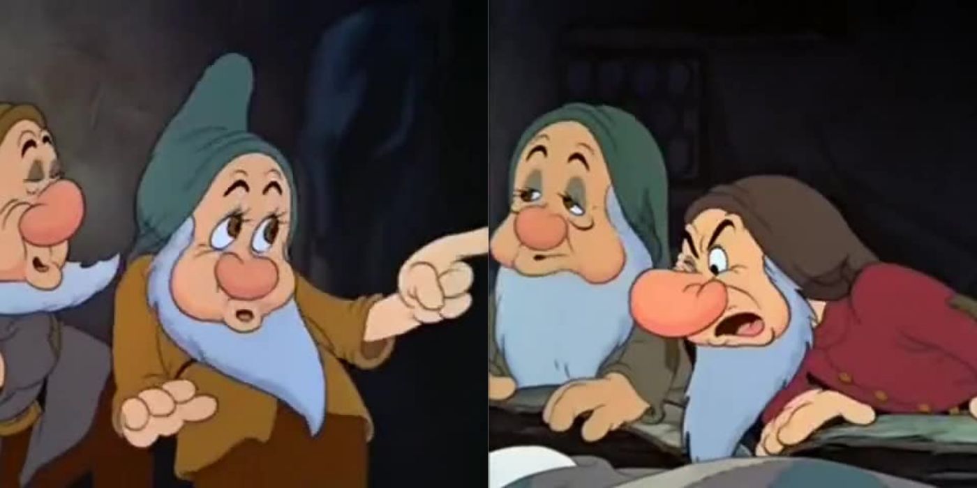 A split image of the some of the seven dwarfs talking after finding Snow White