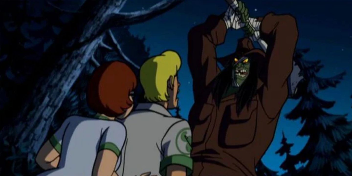 A villain pulls an axe on Fred and Velma in Scooby-Doo