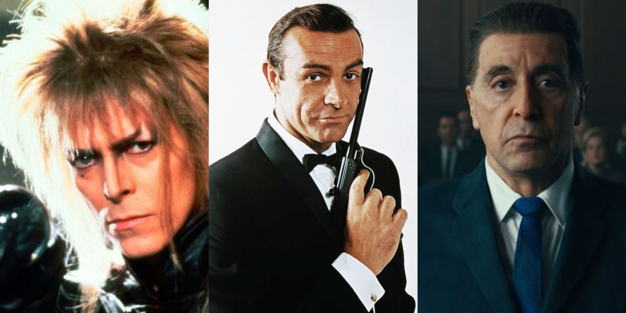 Split image of David Bowie in Labyrinth, Sean Connery as James Bond and Al Pacino in The Irishman