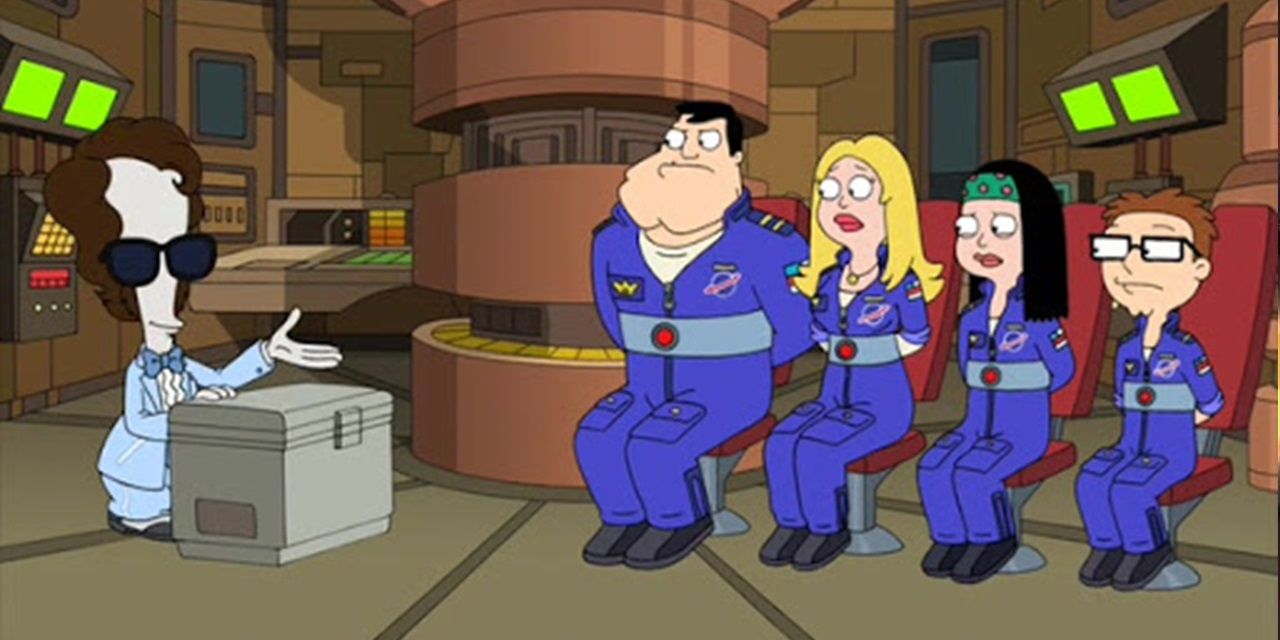 Characters from American Dad listening to the alien
