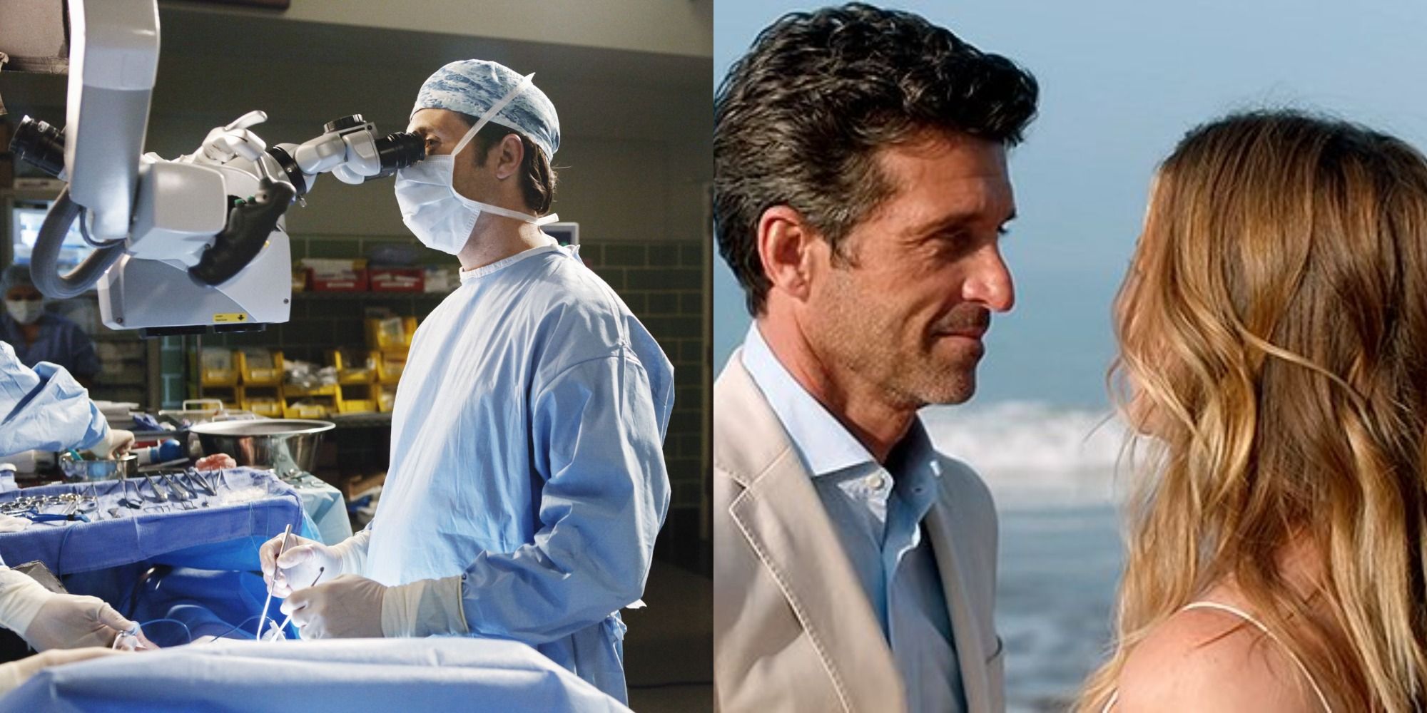 An image of Derek operating and Derek and Meredith looking at each other in Grey's Anatomy