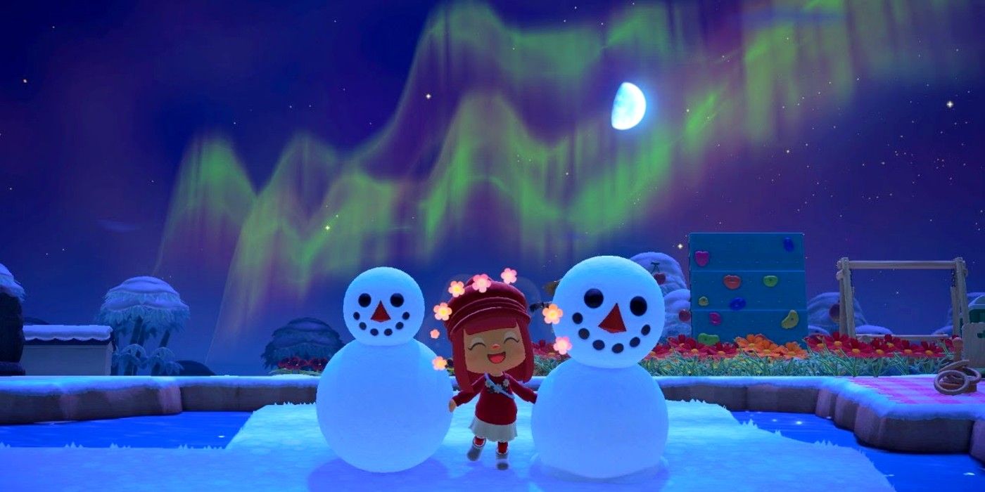 A player stands between two imperfect Snowboys in winter with an aurora overhead in Animal Crossing: New Horizons