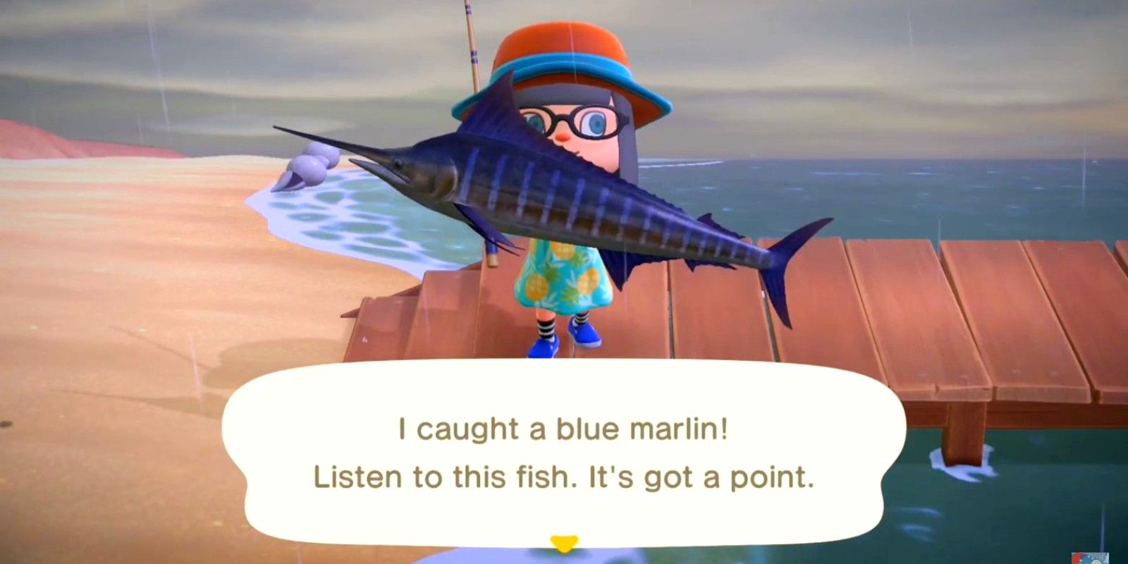 A player catches a Blue Marlin from the pier of her island in the rain in Animal Crossing: New Horizons