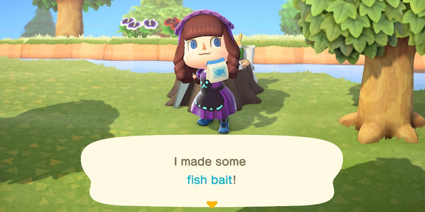 A player holds up her crafted fish bait in Animal Crossing: New Horizons