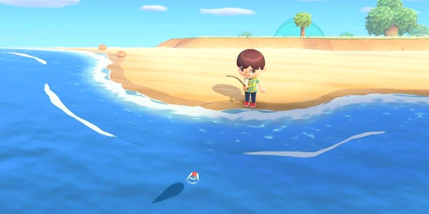 A player fishes in the ocean on the beach in Animal Crossing: New Horizons