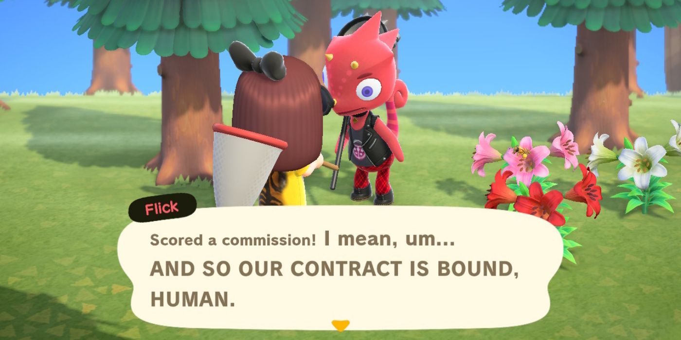 Animal Crossing New Horizons Flick speaking to a villager.