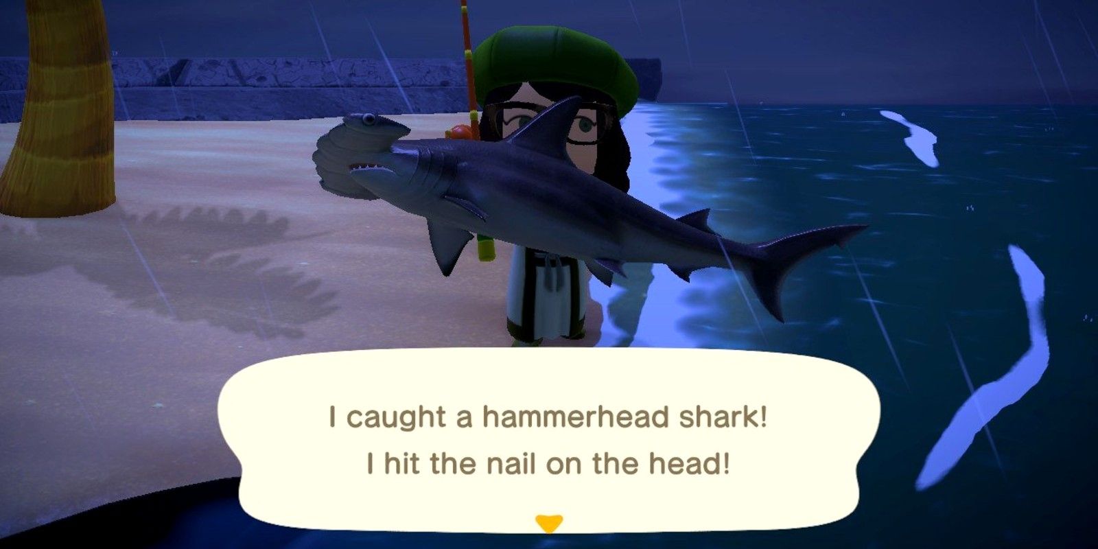 A player holds up the Hammerhead Shark they caught in Animal Crossing: New Horizons