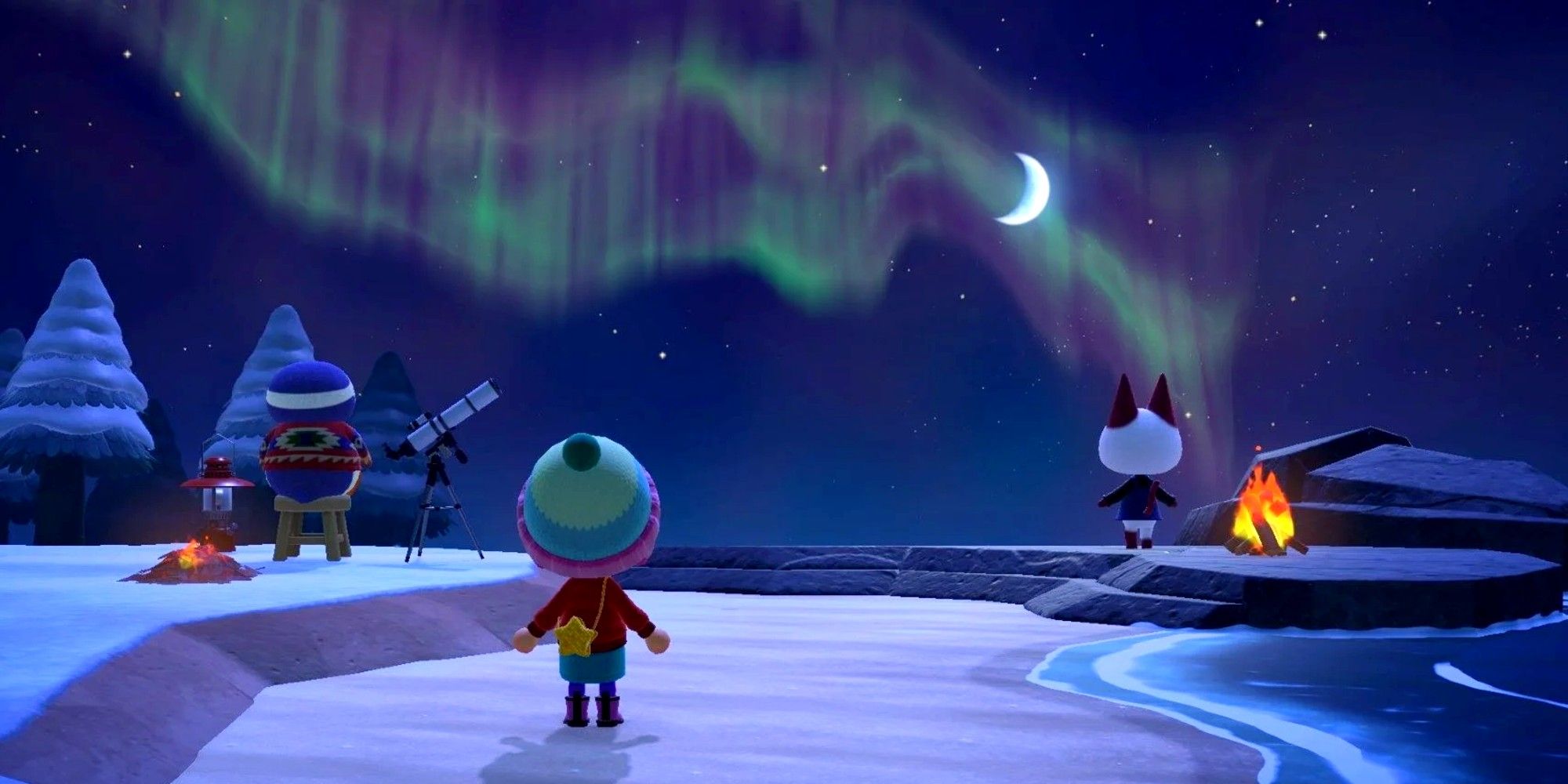 A player watches an aurora over their island in winter in Animal Crossing: New Horizons