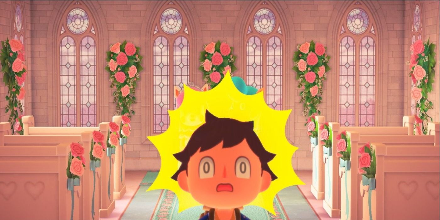 A character in Animal Crossing New Horizons with a shocked expression at a wedding