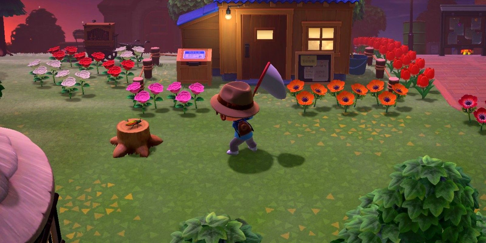 A player swings his net at a beetle sitting on a log outside his house in Animal Crossing: New Horizons