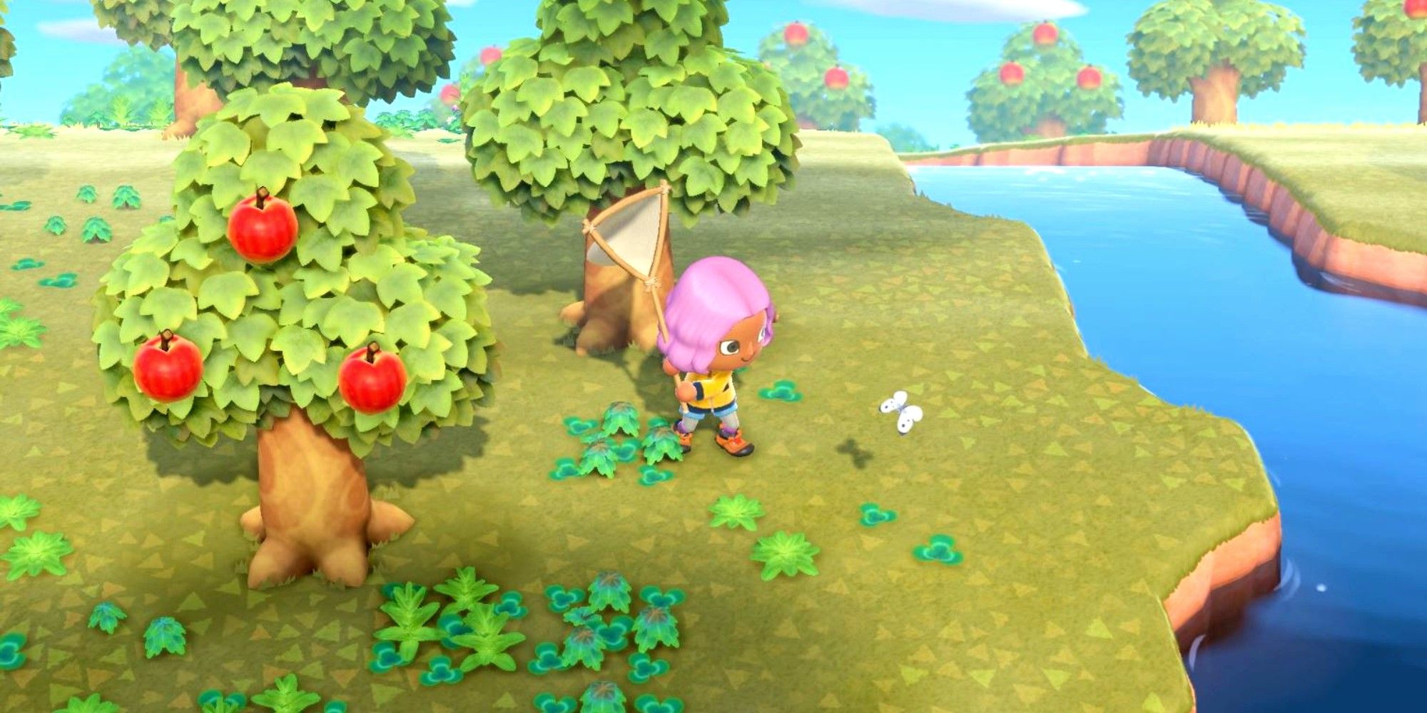 A player chases after a butterfly by the river in Animal Crossing: New Horizons