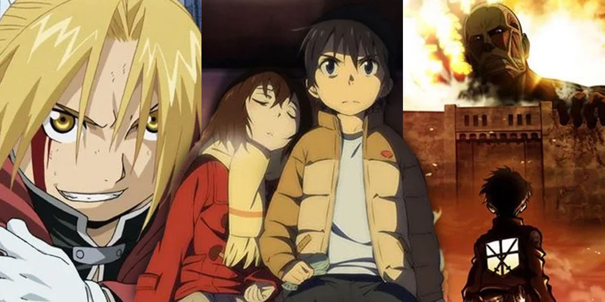 A split image depicts the main characters from Full Metal Alchemist Brotherhood, Erased, and Attack on Titan anime series