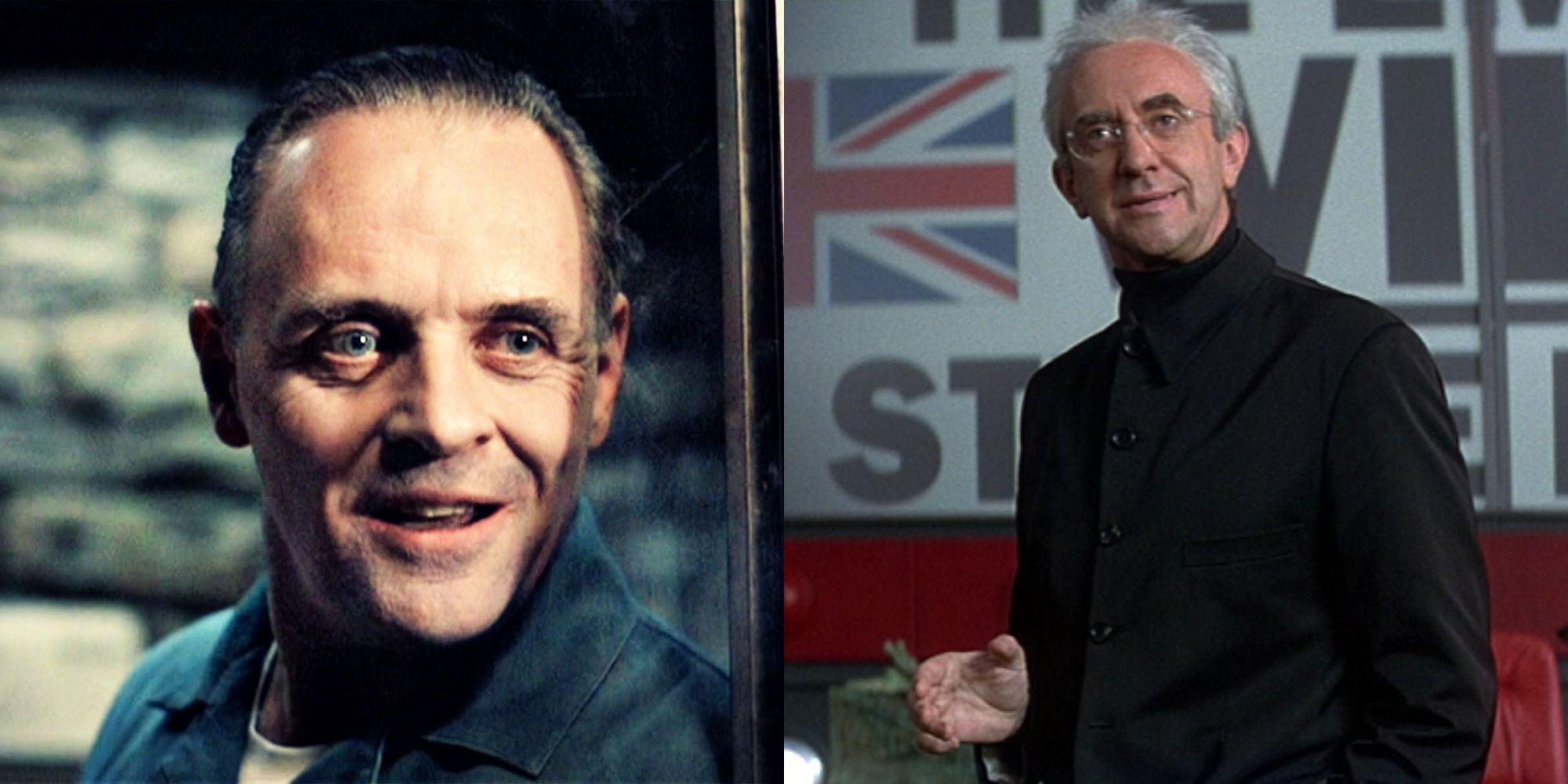 Split image of Anthony Hopkins in The Silence of the Lambs and Elliot Carver in Tomorrow Never Dies
