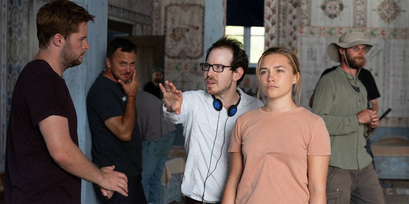 Ari Aster with Florence Pugh and Jack Reynor during Midsommar shooting
