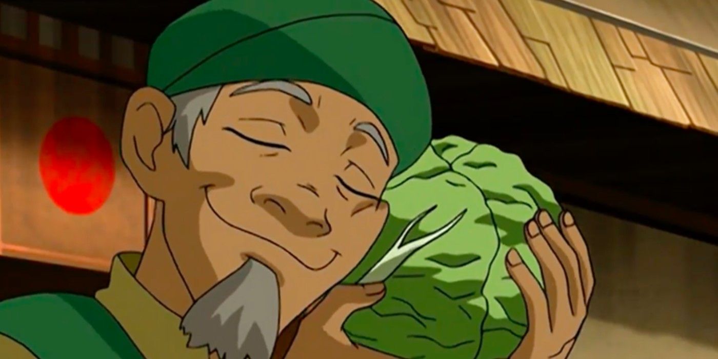 Avatar The Last Airbender cabbage merchant holds cabbage close to his face