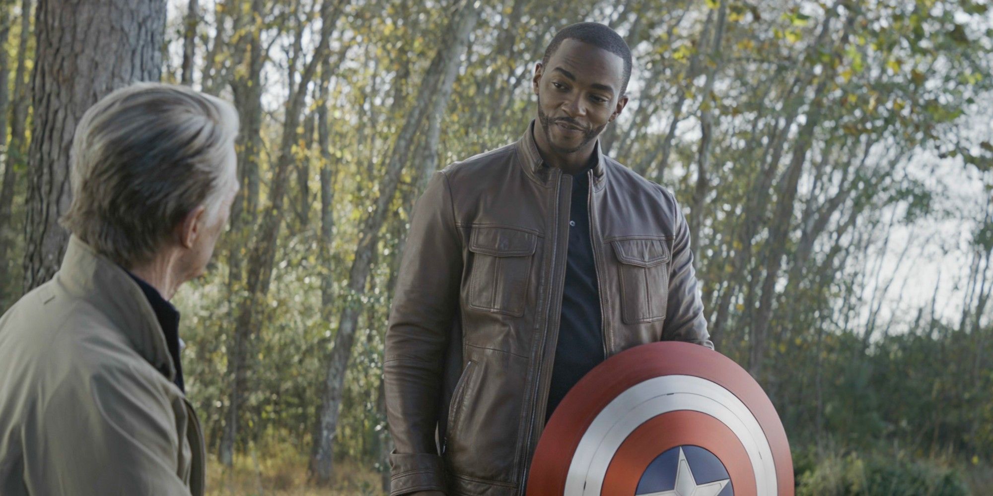 Steve Rogers gives Sam Wilson the Captain America shield in Avengers: Endgame