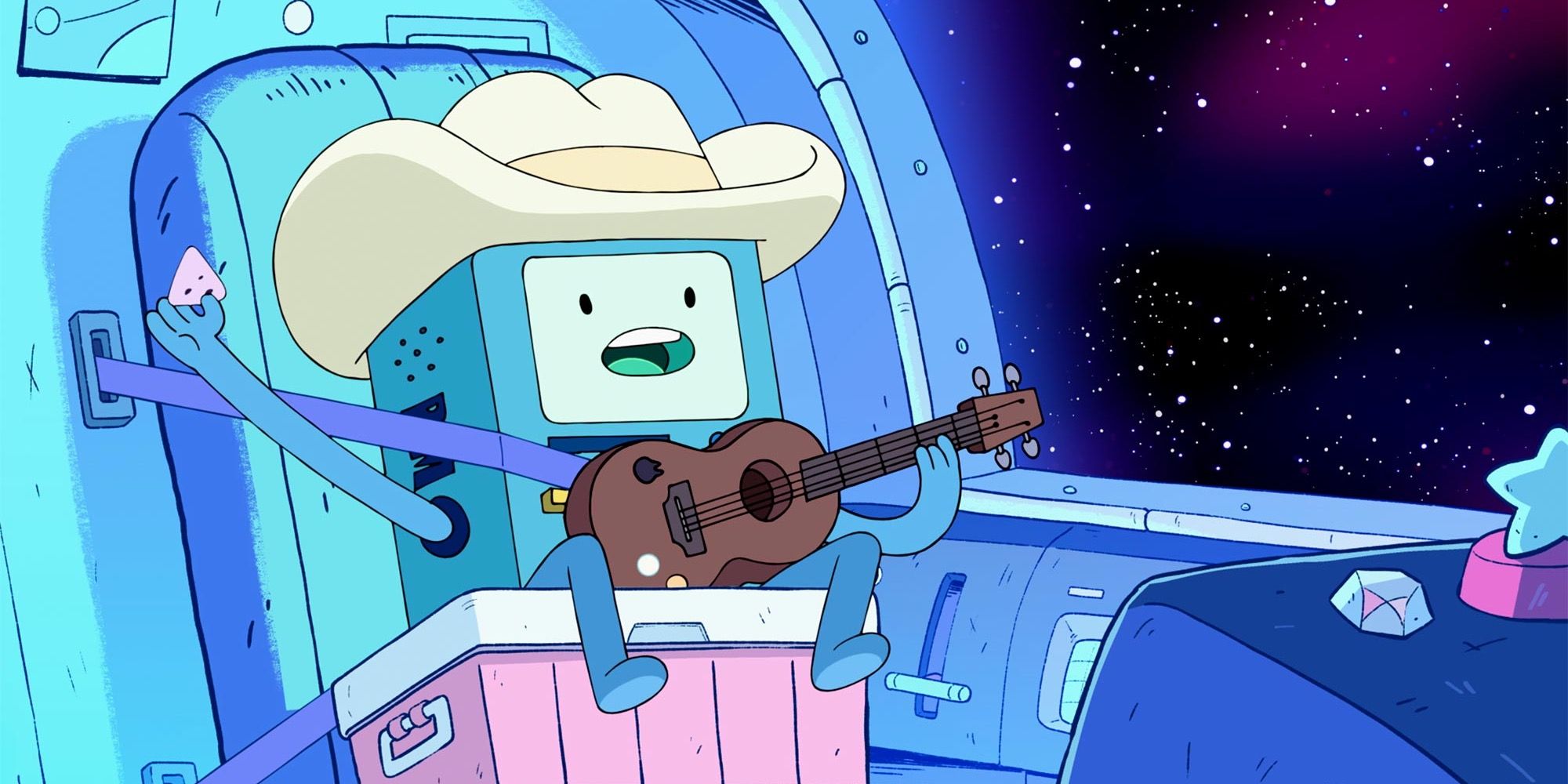 BMO wearing a cowboy hat and playing a guitar