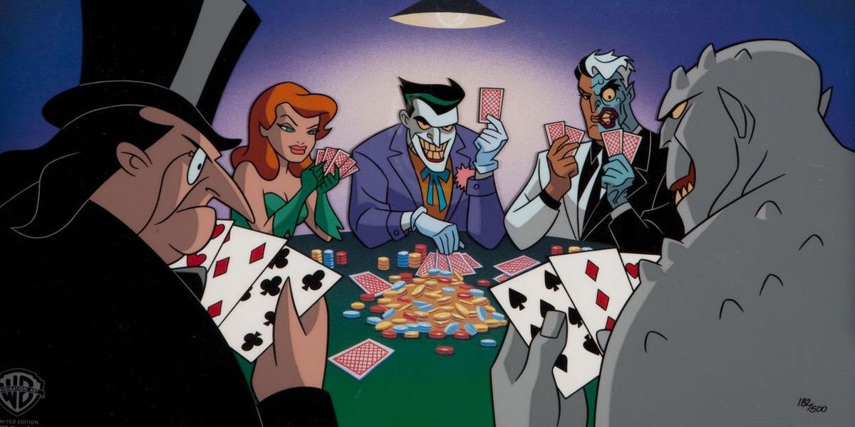 Penguin, Ivy, Joker, Two-Face, and Croc play poker in Batman The Animated Series