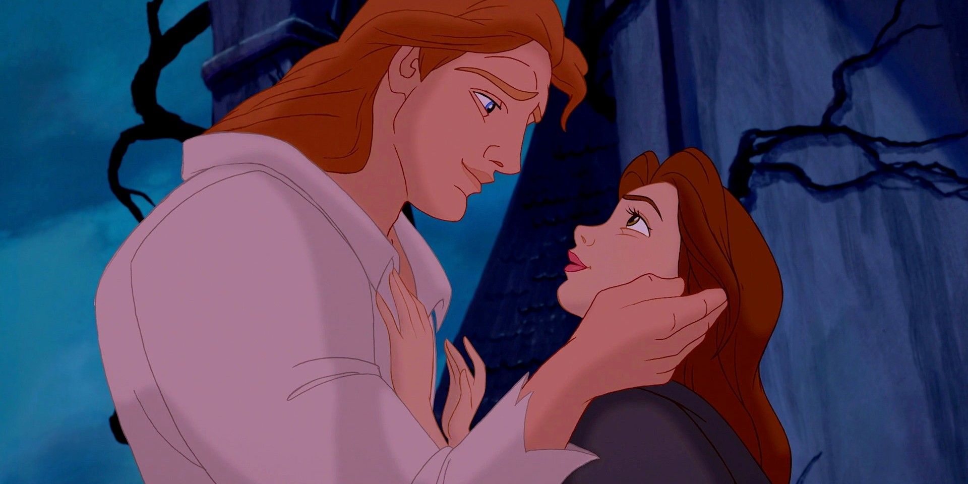 Disney's Beauty and the Beast featuring the human prince embracing Belle