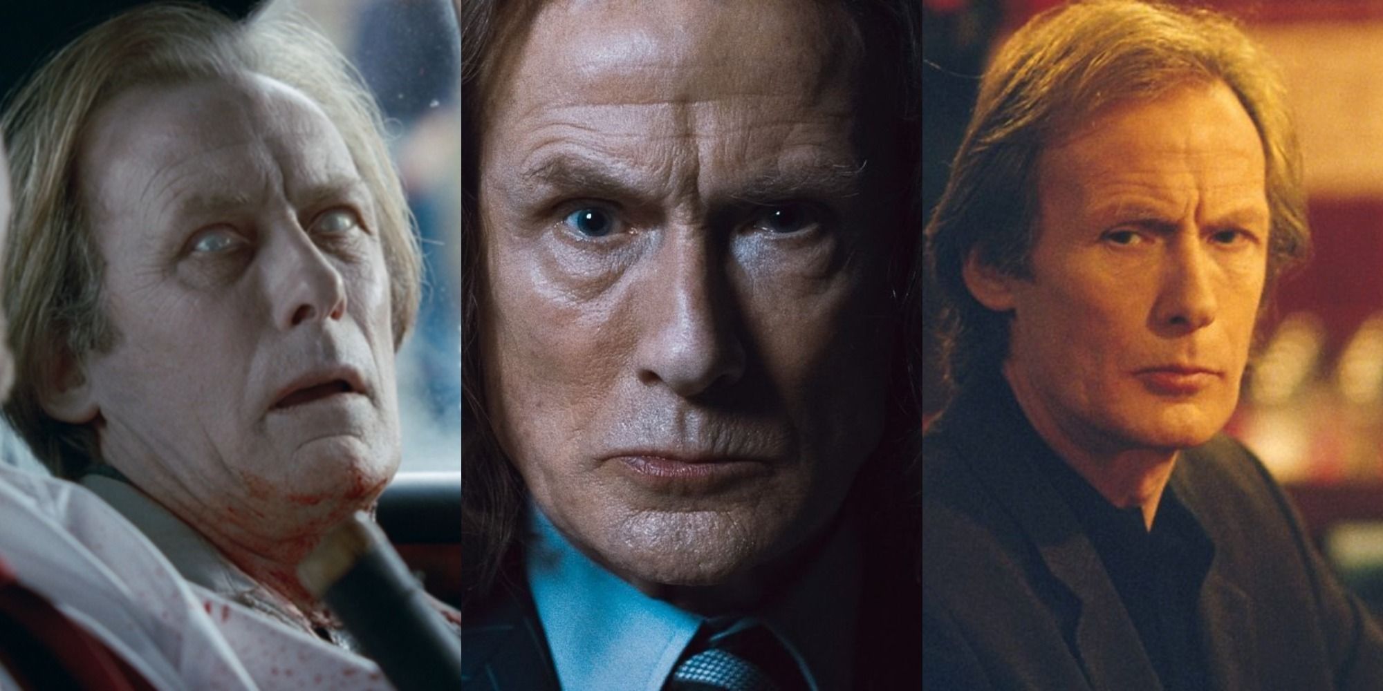 Split image of Bill Nighy in Shaun of the Dead, Harry Potter and Lawless Heart