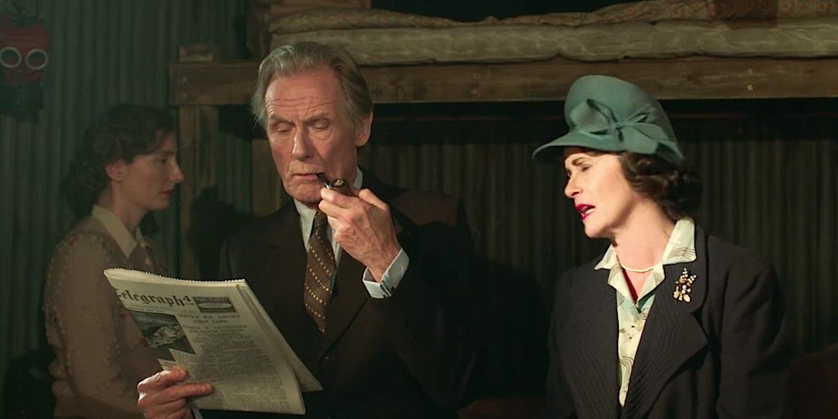 Bill Nighy smoking a pipe in Their Finest